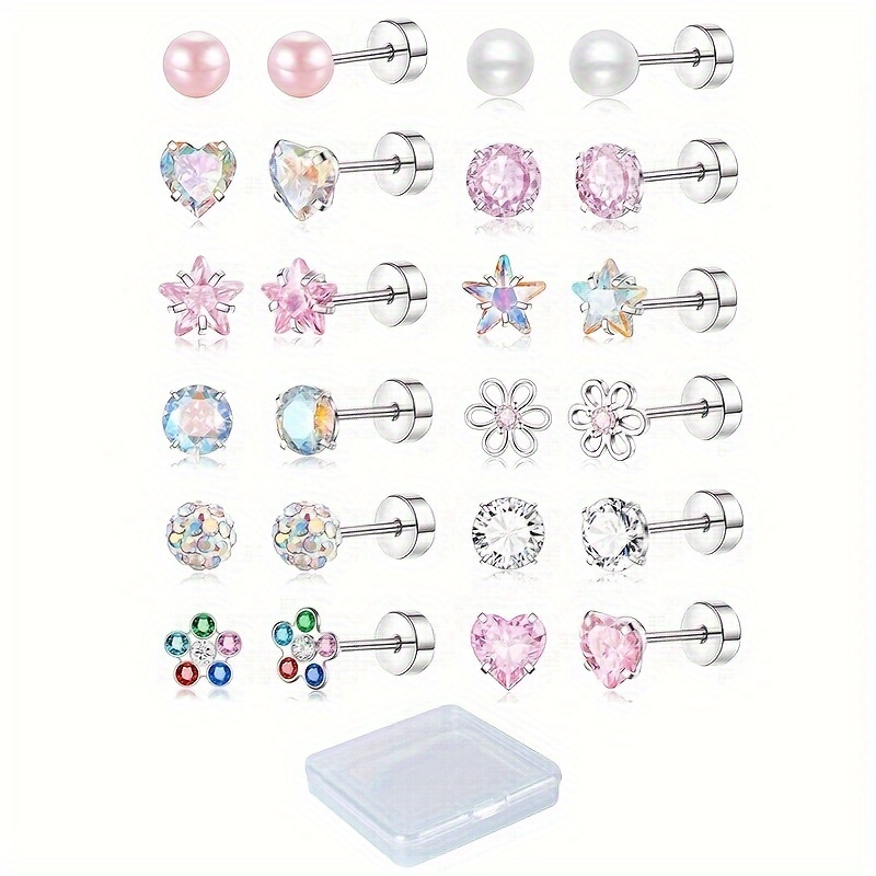 

24pcs Hypoallergenic Stainless Steel Earring Set For Women - Includes , Tragus & Flat With Cubic Zirconia Accents - Casual Attire & Parties