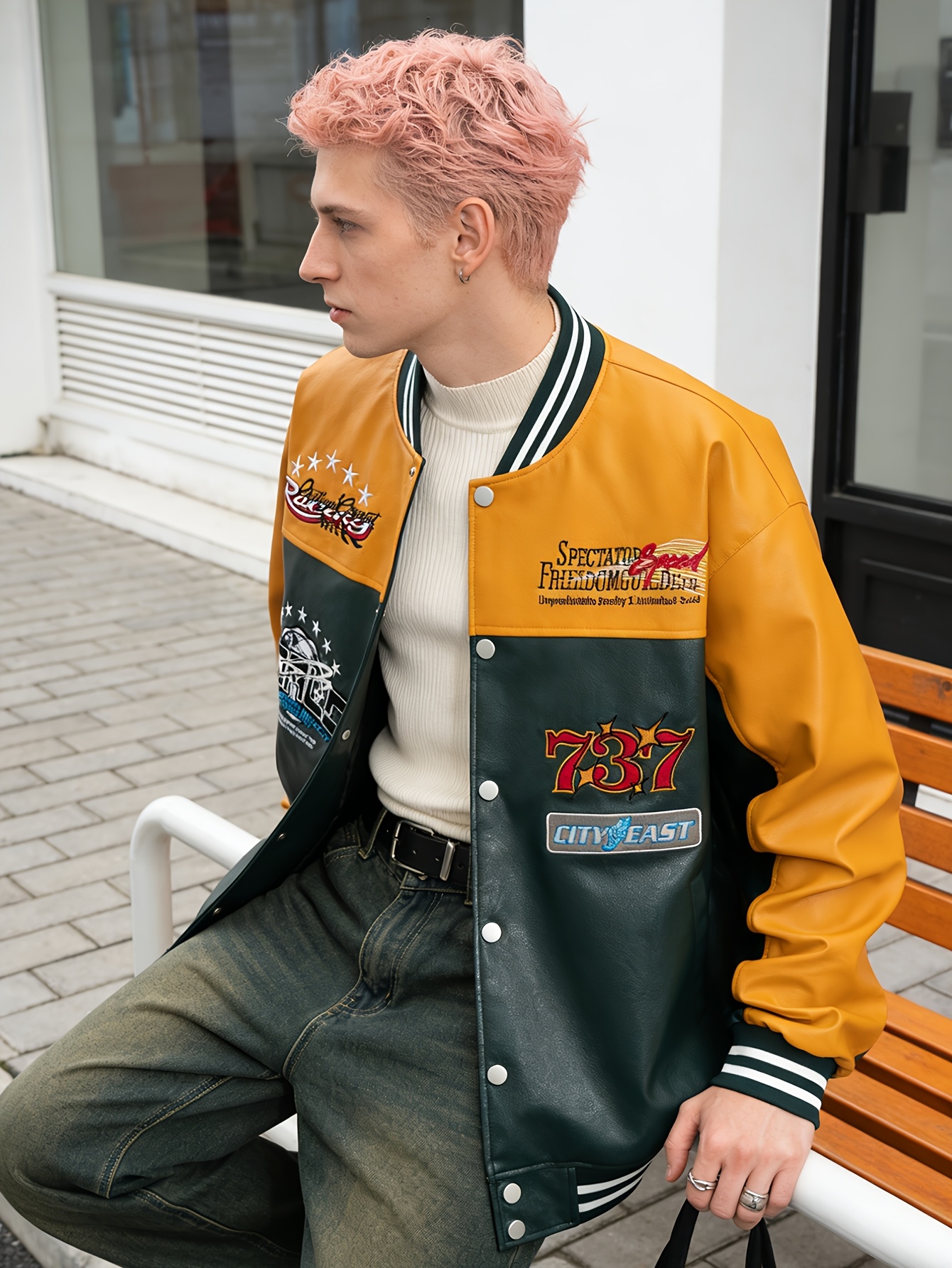mens synthetic leather jacket casual retro motorcycle jacket