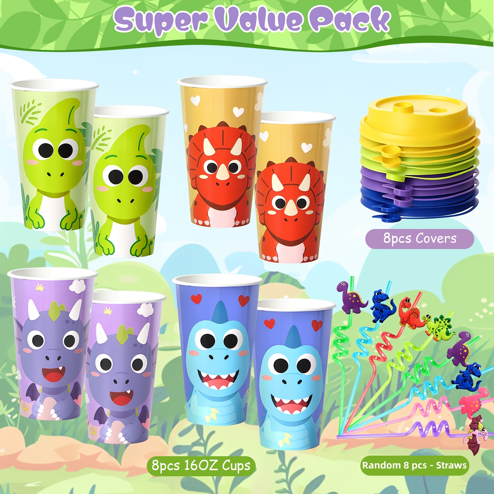 TEMU 8 Cups (random Pattern) Dinosaur Party Kit, Reusable Dinosaur Party Kit Decoration, Candy Mug Birthday Party Mug, Fun Set For Juice, Milkshake