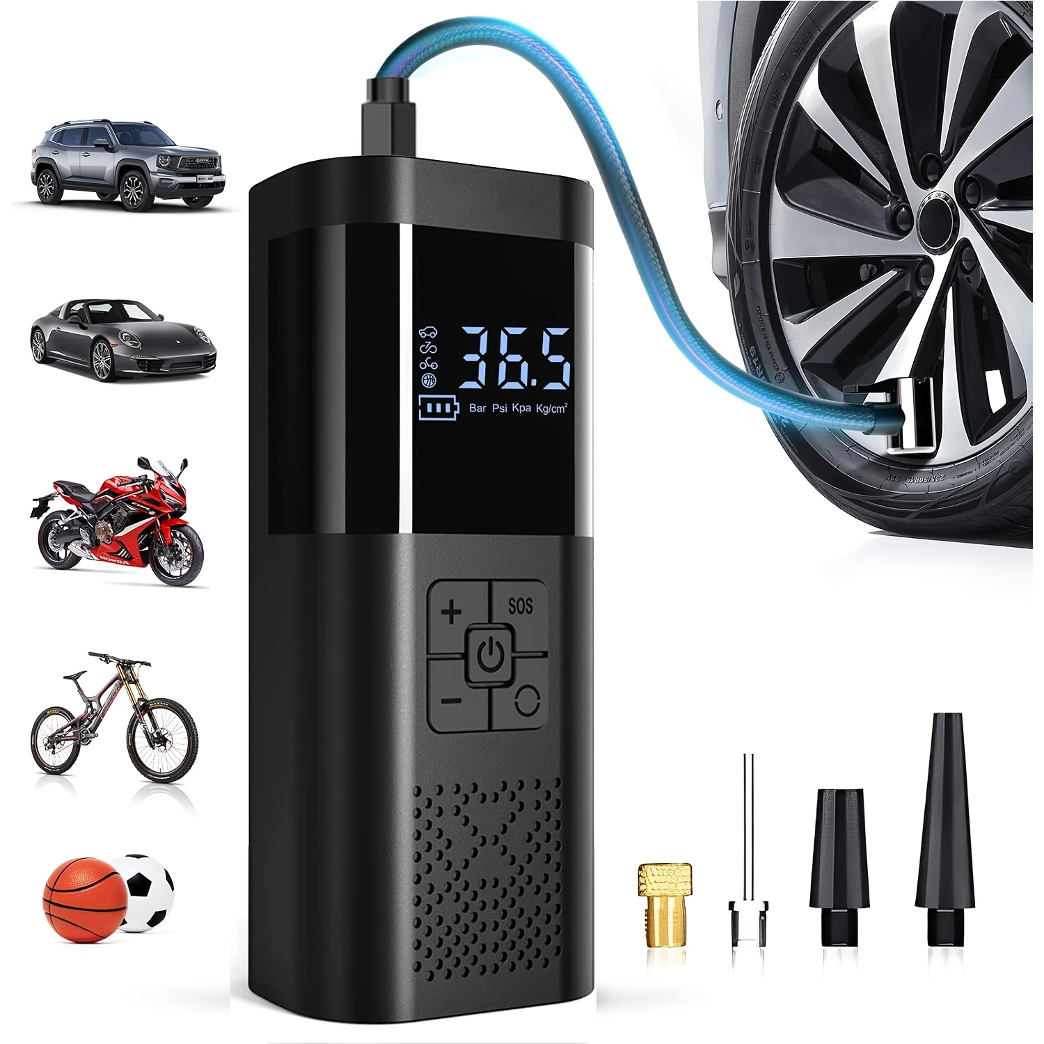 Przenośny pompka do opon z kompresorem powietrza, 150PSI, z pompą do opon samochodowych, wyposażony w manometr do opon, diodę LED i inteligentną bezprzewodową pompkę do opon, która jest trzy razy szybsza, odpowiednia do samochodów, motocykli, rowerów i piłek sportowych.