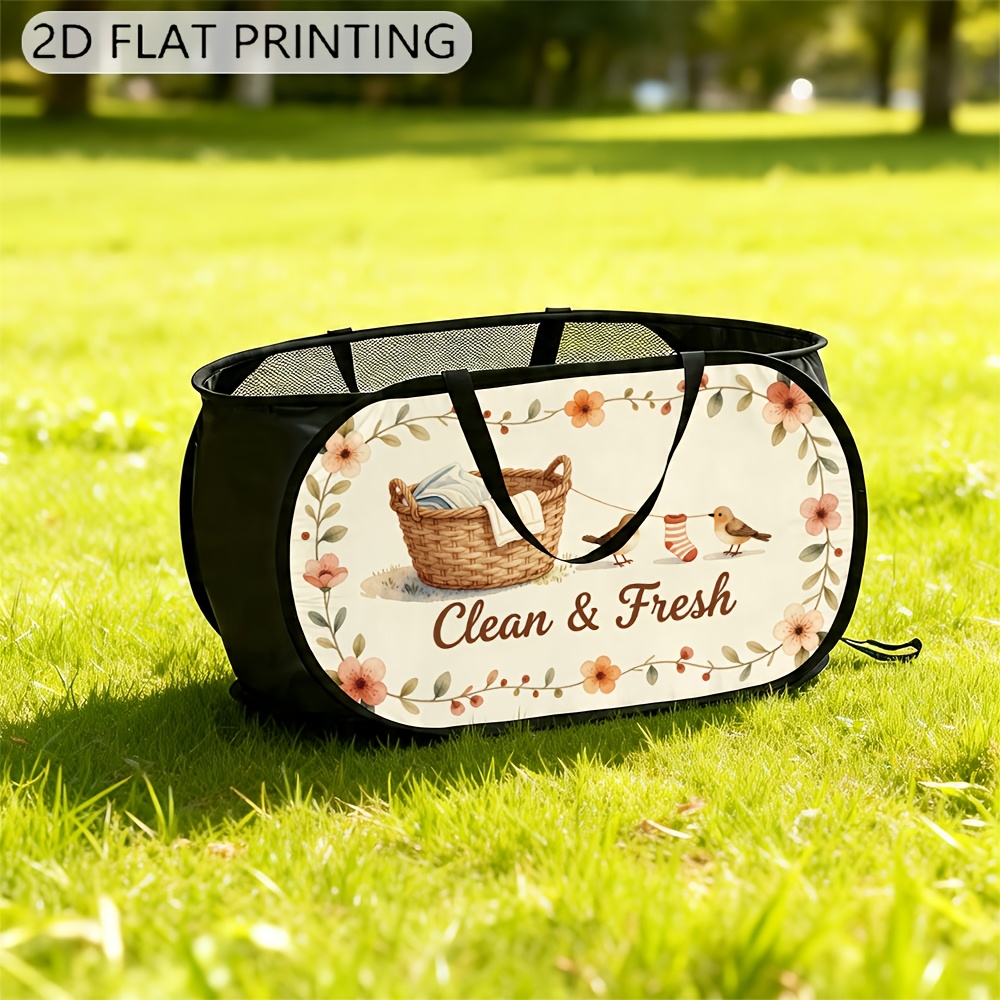 TEMU Panier à linge pliable à 1, motif oiseau à ressort, grande en polyester, idéal et , peut également utilisé cadeau de pendaison de crémaillère,