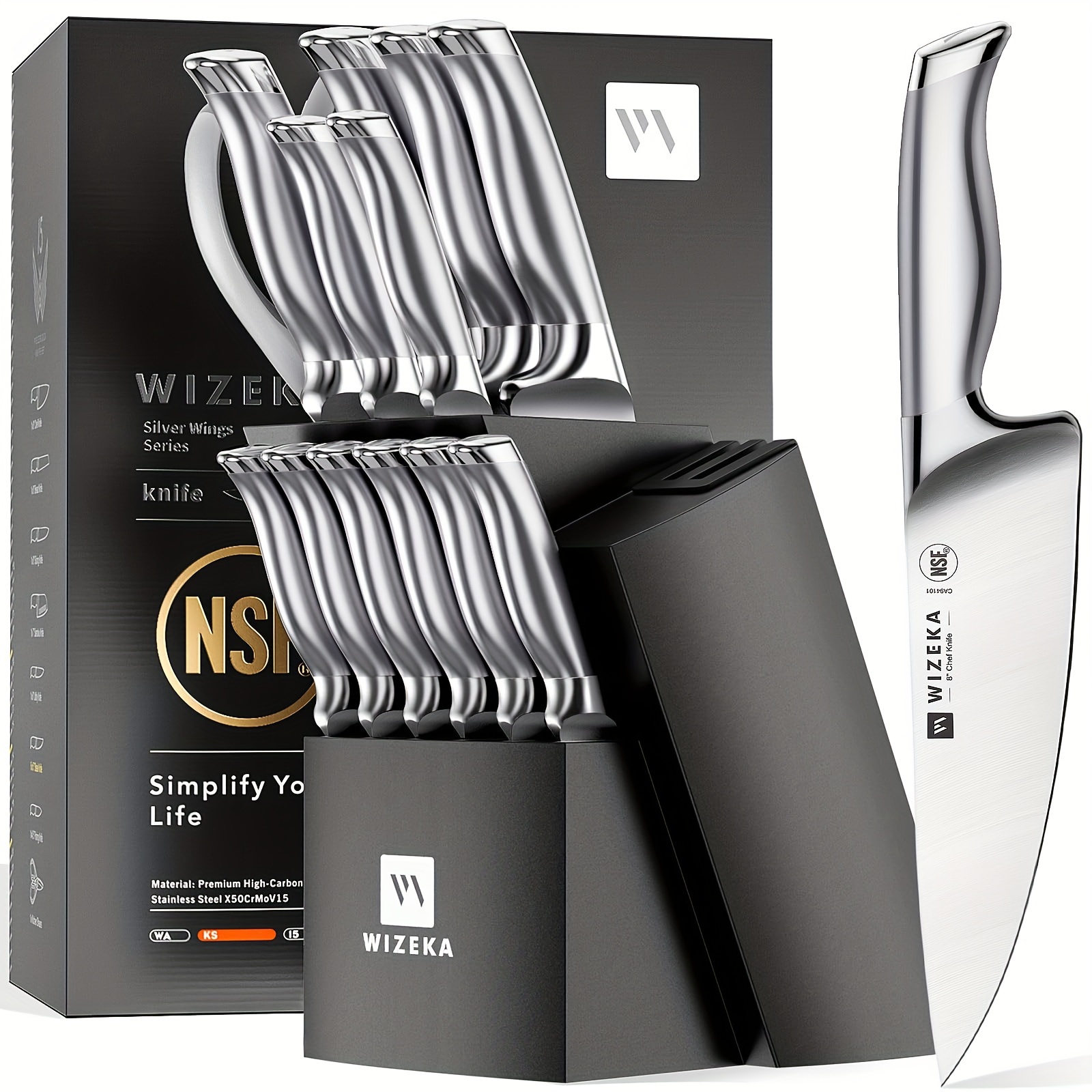 

Wizeka Kitchen Knife Set With , 15pcs Dishwasher Safe Knife Set With Sharpener, One-piece German Stainless Steel Kitchen Knives, Series, Best Gifts For Him Her