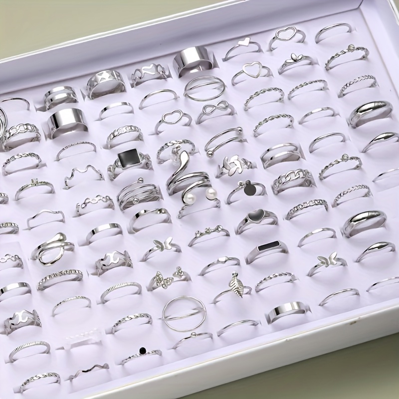 TEMU 69pcs Elegant Simple Metal Geometric Heart Ring Set, Valentine's Day Wedding Accessory, Women' Light Luxury Match For Party Vacation Dating ()