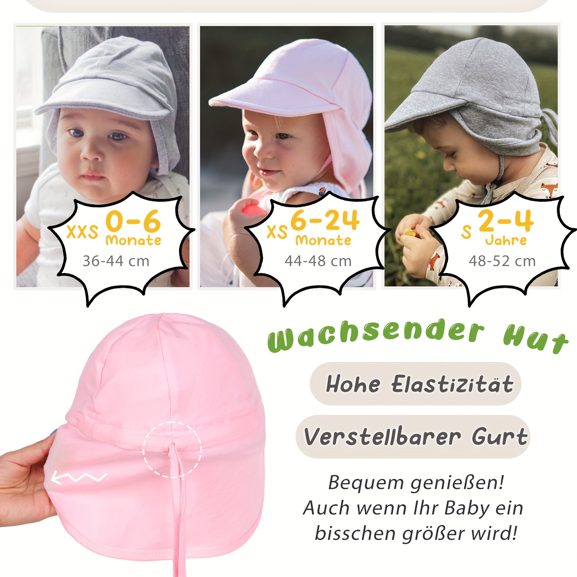 JUSCH Cotton Toddler Sun Hats with Ears, UPF 50+Baby Summer Bucket Hats, Sun Protection Beach Hat for Infant Boy Girl White