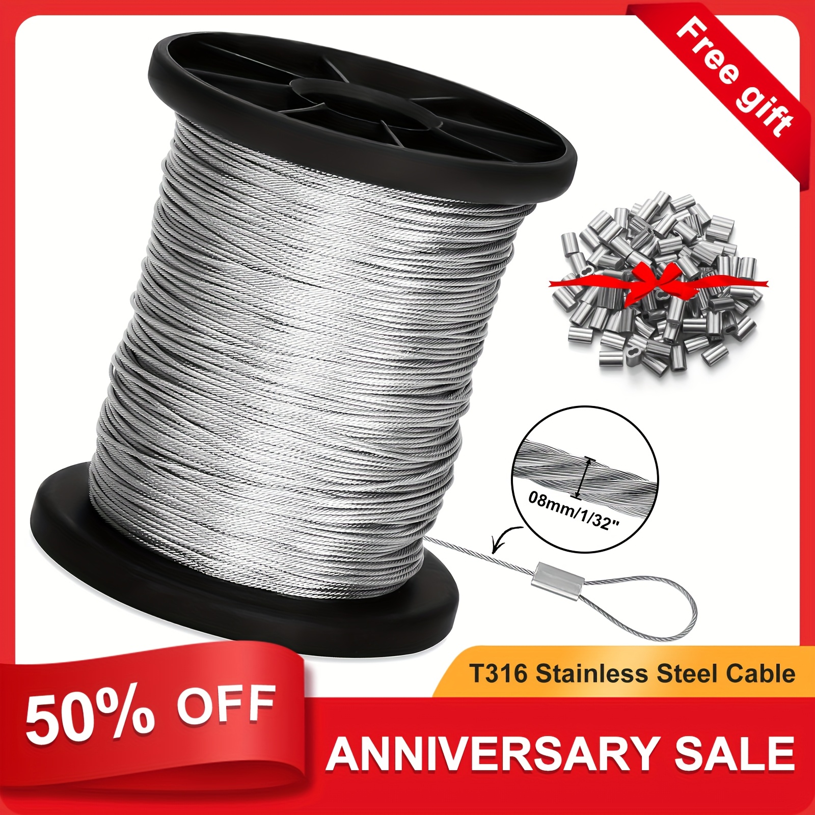 3/16" Vinyl Coated Stainless Steel Cable - 50ft/100ft Length For Outdoor String Lights & Decor