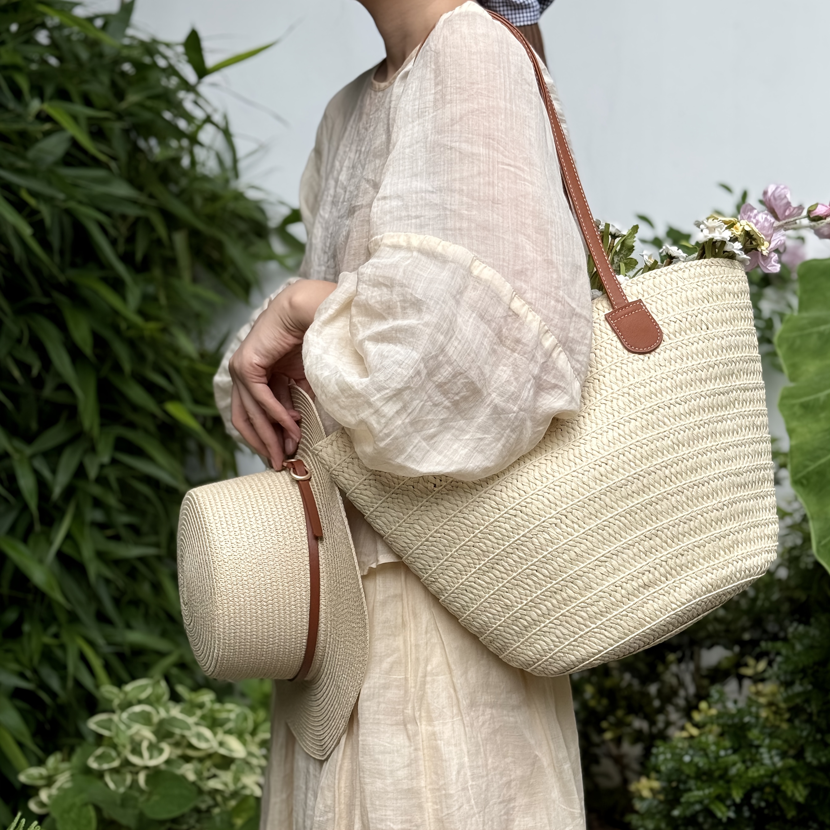 2pcs Elegant Beach Hat + Woven Tote Bag Set, Stylish Large-Capacity Vacation-Style Women's Shoulder Bag, Elegant Strap Accent Beach Hat, Suitable for Seaside Travel, Outdoor Outings, and Other Occasions, Birthday Gift, Valentine's Day Gift