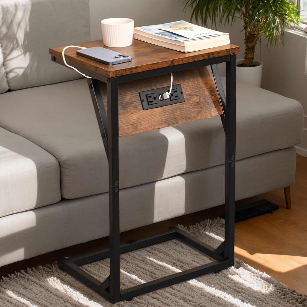 

1pc End Table With Charging Station, Nightstand With Usb And Outlets, Small Side Table For Couch, Sofa Table With Metal Frame For Living Room, Bedroom, Bedside, Small , Rustic Brown