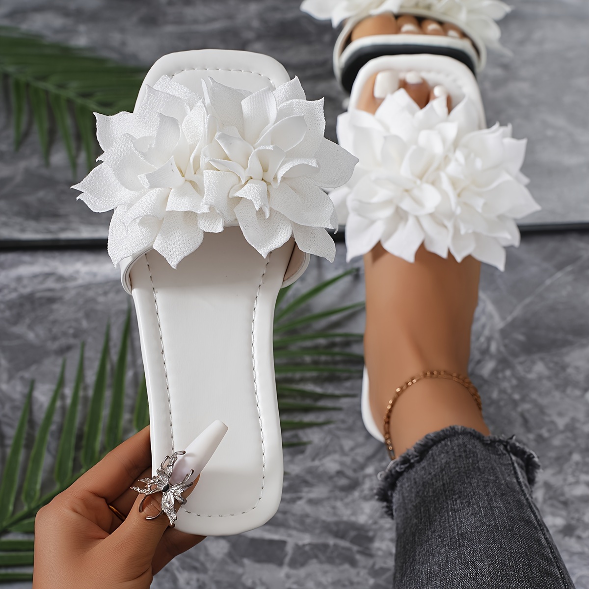 

Women's Elegant Solid Color Slides, Lightweight Flat Slip On Flower Decor Slides, Summer Holiday Beach Slides