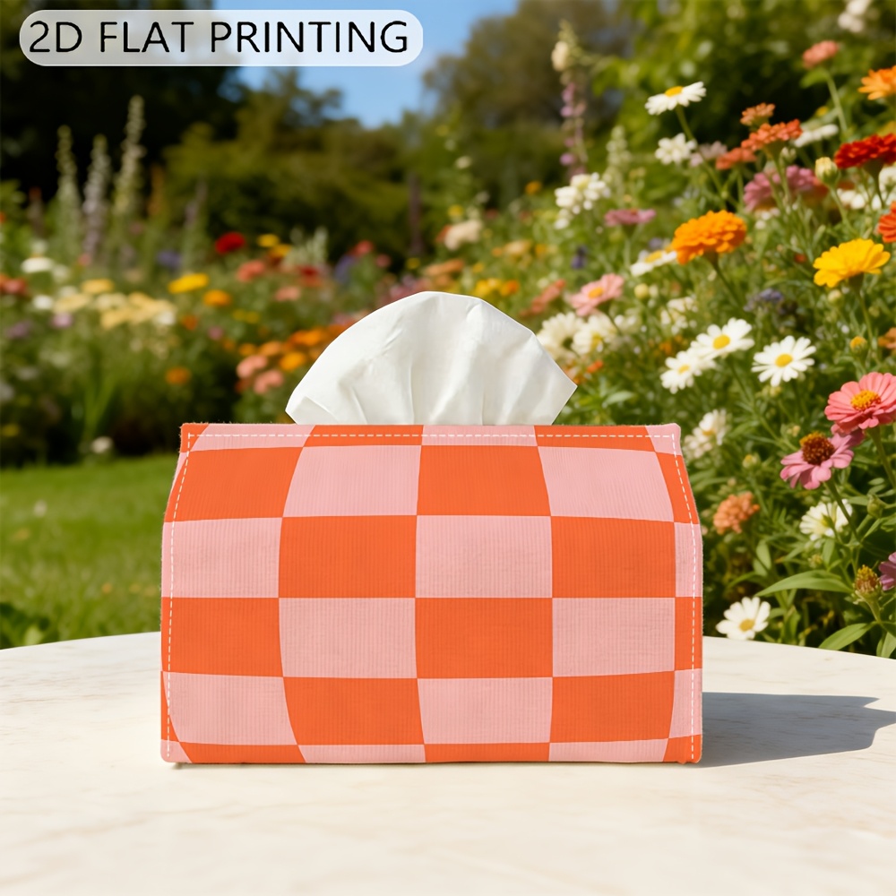 TEMU 1pc Retro Gingham Tissue Box Cover With Orange Pink Checkered Pattern - Suitable For Bathroom, Bedroom, Living Room Decor, Vintage Tissue Holder