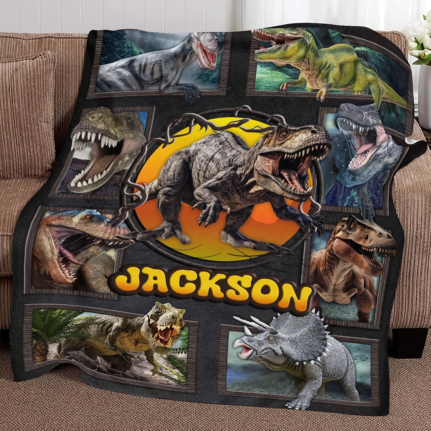 

1pc Custom "" Dinosaur Print Flannel Blanket - Soft, Warm & Hypoallergenic With Realistic For Sofa, Bed, Travel, Camping, Living Room, Office - Machine Washable, Throw