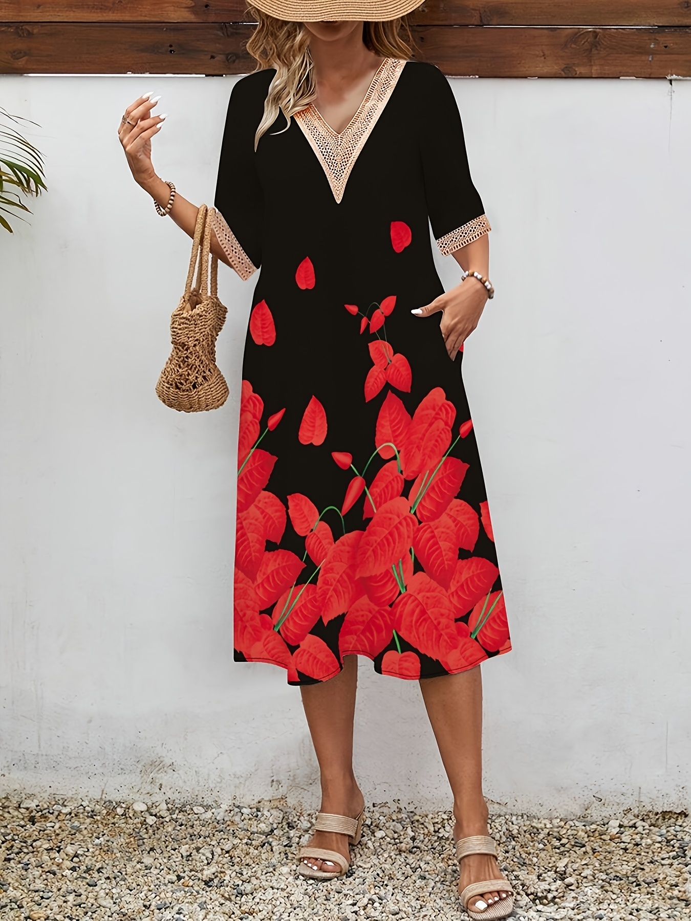 Doorschijnende Jurk Rode Bloemetjes Jurk Vrouwen Midi Jurk Met