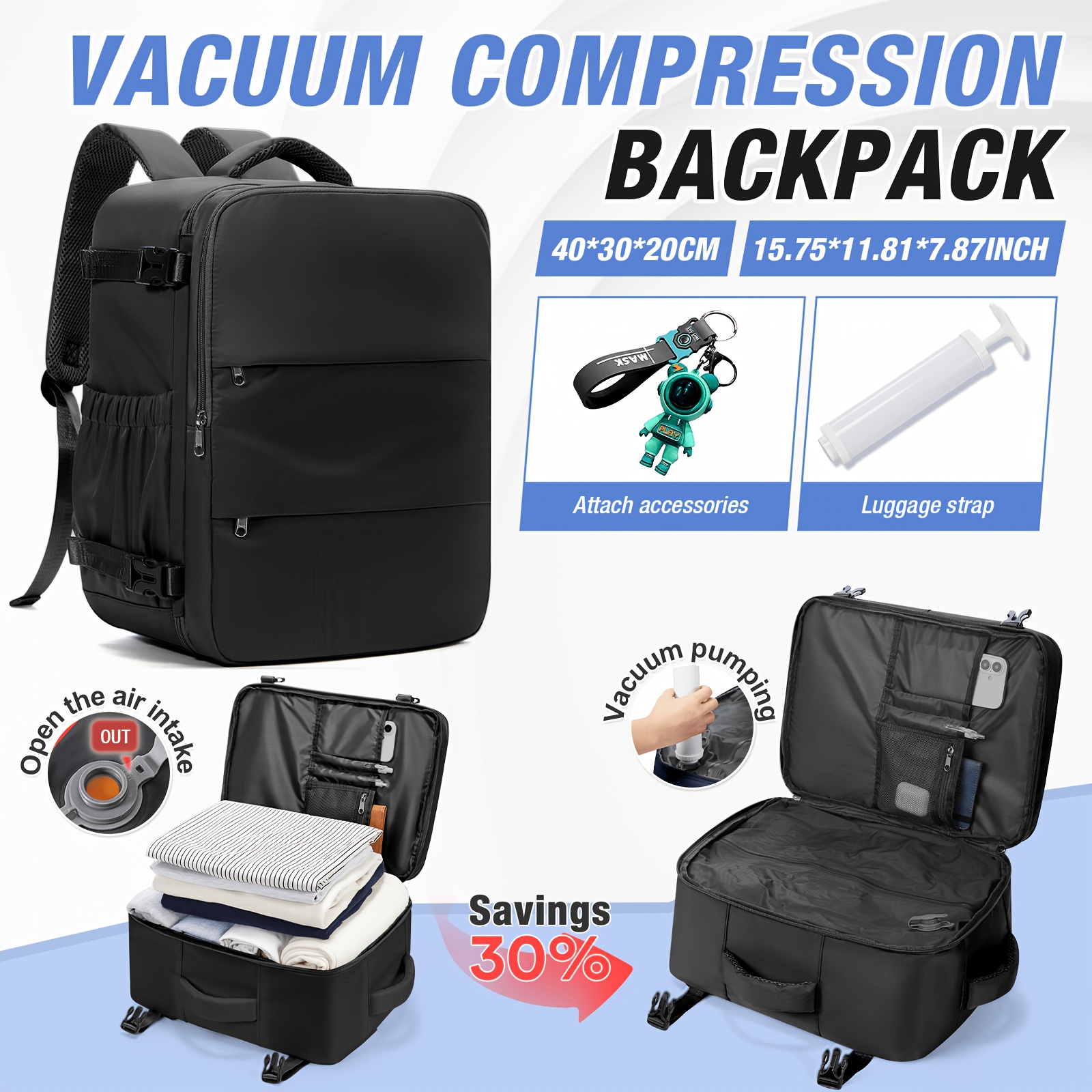 TEMU Hiking Backpack Set ( With Manual Pump And Keychain), Size 40*30*20cm. Large-capacity Multifunctional Vacuum Compression, Suitable For Travel,