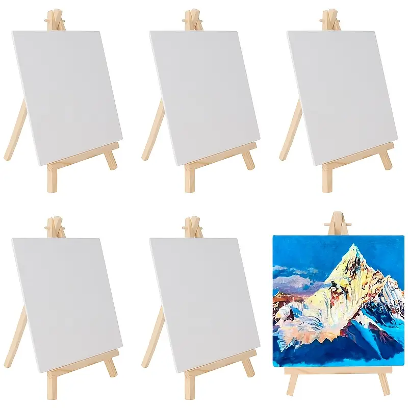 5er-Pack Mini-Leinwand mit Staffelei-Set (10,16 x 10,16 cm), zur Bemalung von kleinen Kunst-Stretch-Leinwänden mit Holz-Display-Staffeleien * für Geburtstagsfeiern, Valentinstagsgeschenke