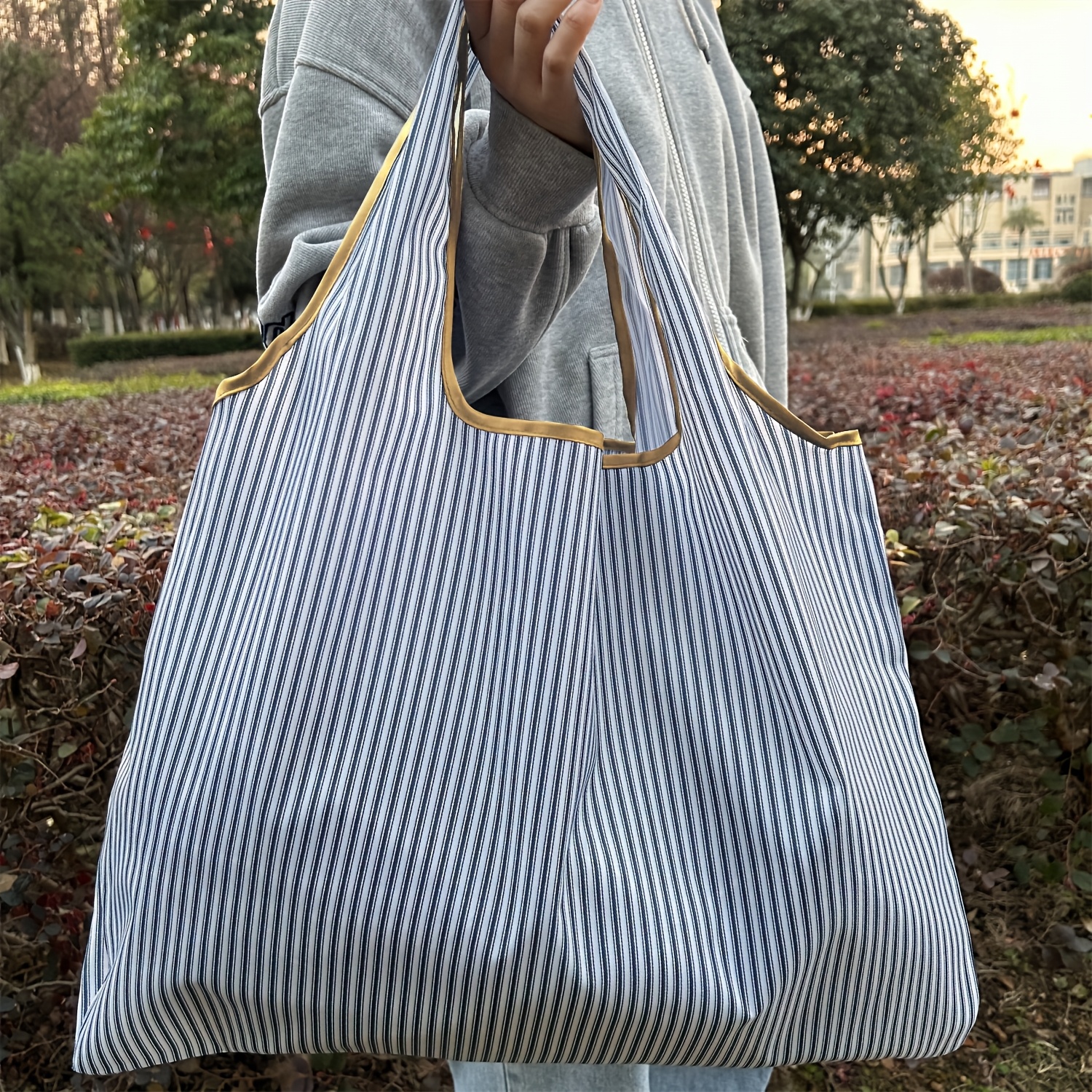 Image of Large Capacity Foldable Shopping Bag - Lightweight, Durable Nylon Tote With Shoulder Strap, Machine Washable, Ideal For Grocery And Everyday Use, Shopping Bags