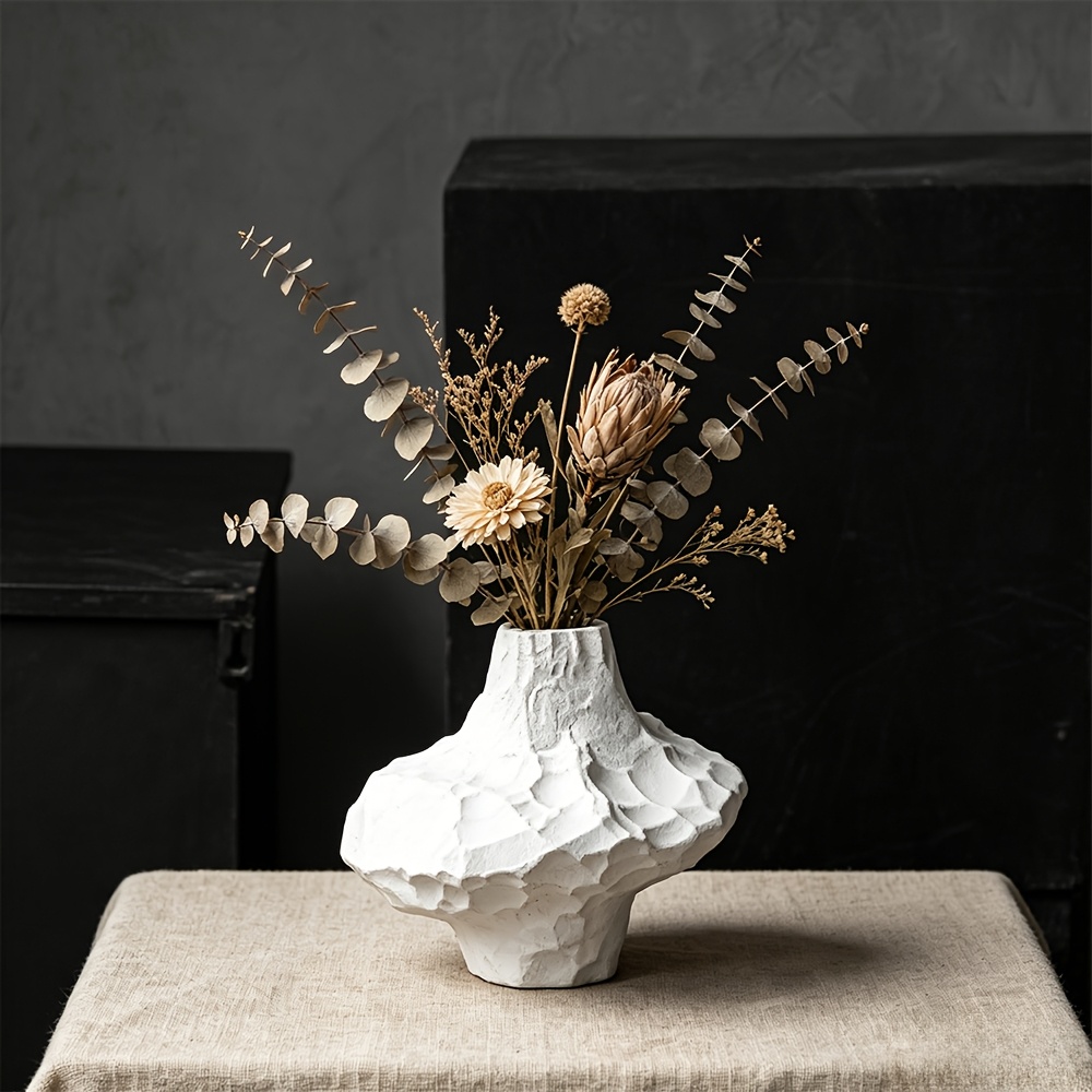 White Wabi-Sabi Ceramic Vase, Handmade Stone Texture Pottery, Matte Glaze Vessel for Living Room & Entryway, Hydroponic & Dried Flowers, Retro Home Decor for B&B & Tea House