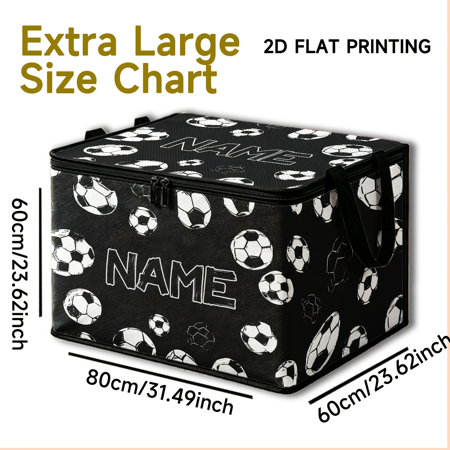 TEMU 1pc Personalized Custom Name Football Print Storage Box, With Double Zipper And Reinforced Handle, Foldable -saving. Black Background Hand-drawn
