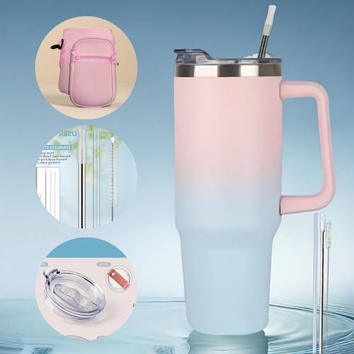 40 oz insulated tumbler with carry bag and handle stainless steel with straw lid great for home travel straw or spout lid gym water bottle travel mug works with ice cubes water bottle