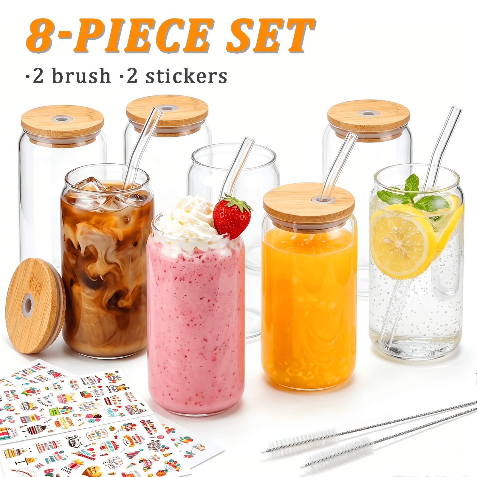 8pcs Glass Tumbler With Lid And Straw, Homemade Drink Cup, Clear Glass Cup For Gifts, Business, Drinkware Set, Iced Coffee Cup, Cute Aesthetic Tea Cup, Valentine's Day Gift