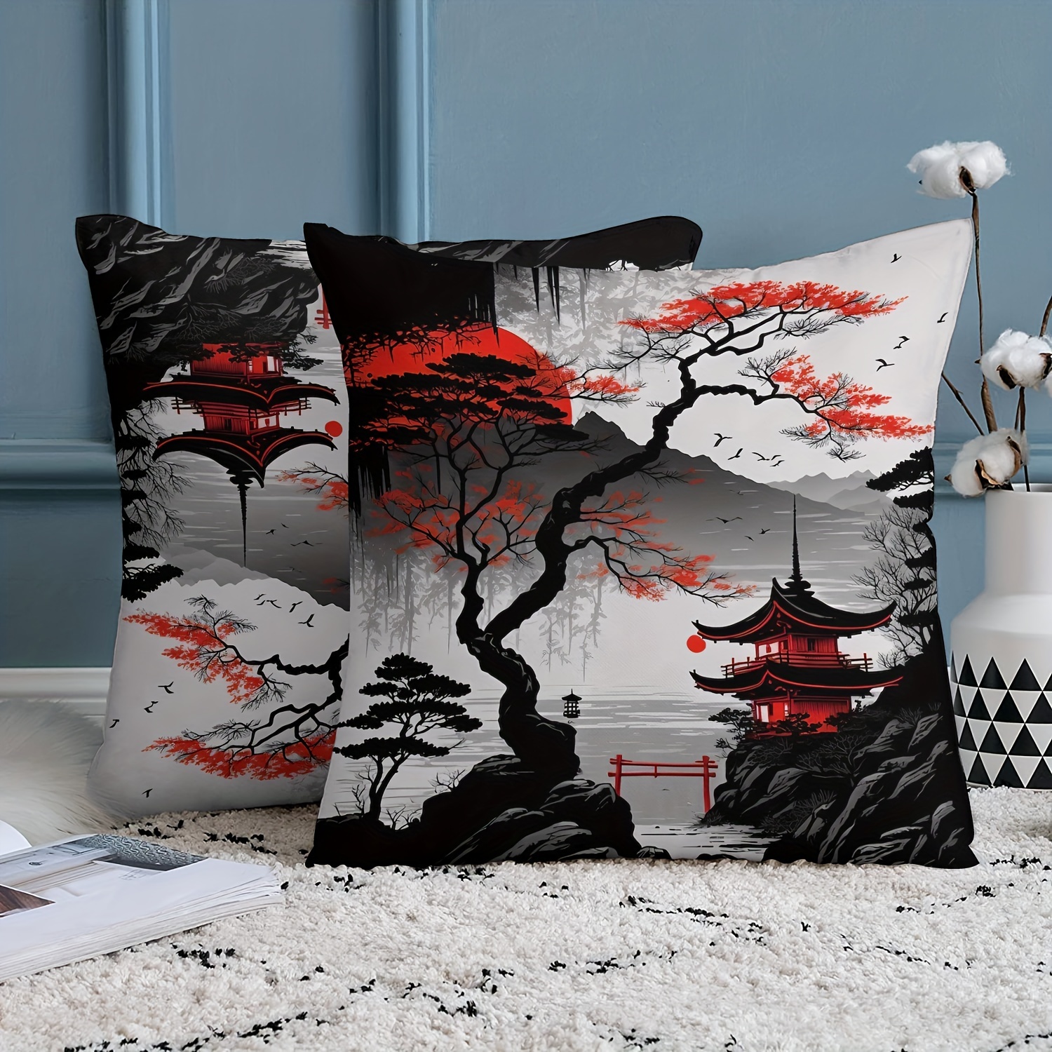 TEMU 2pcs Ink Plum Pattern Pillowcases, High-quality Short Plush, Double-sided Printing, 18x18 Inches - Ideal For Sofa, Living Room, Bedroom, Car,