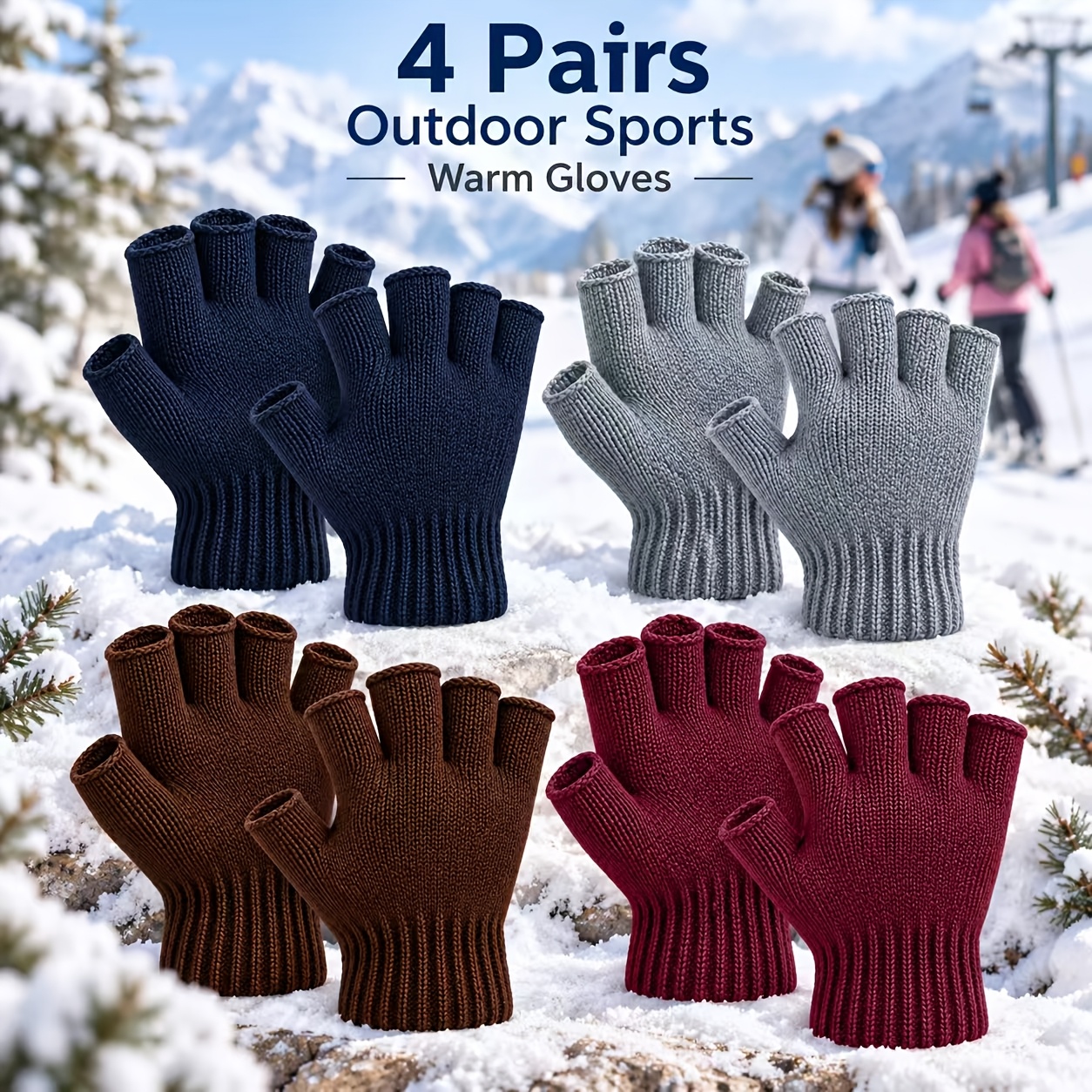 TEMU 4 Paires de Gants Chauds Couleur Unie, Unisexe, Mi-Doigt Courts, Extensibles, Protection Contre , pour Smartphones, , Activités de , , Gants
