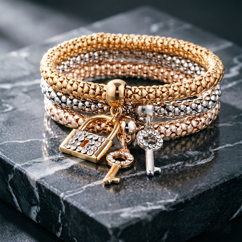 TEMU Juego de 3 pulseras apilables elásticas con colgante de candado y llave, adecuadas para joyería de mujer