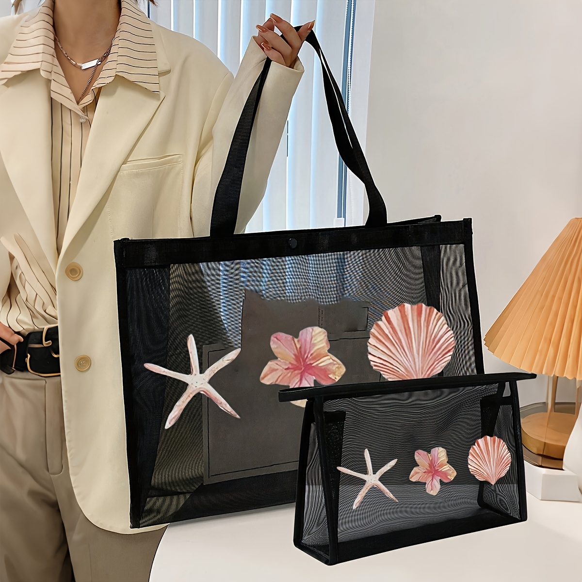 1set 2pcs black mesh women handbag large capacity storage bag printed with beach shell and bow patterns travel portable makeup bag multi functional outdoor storage bag toiletry bag beach vacation   gift for  