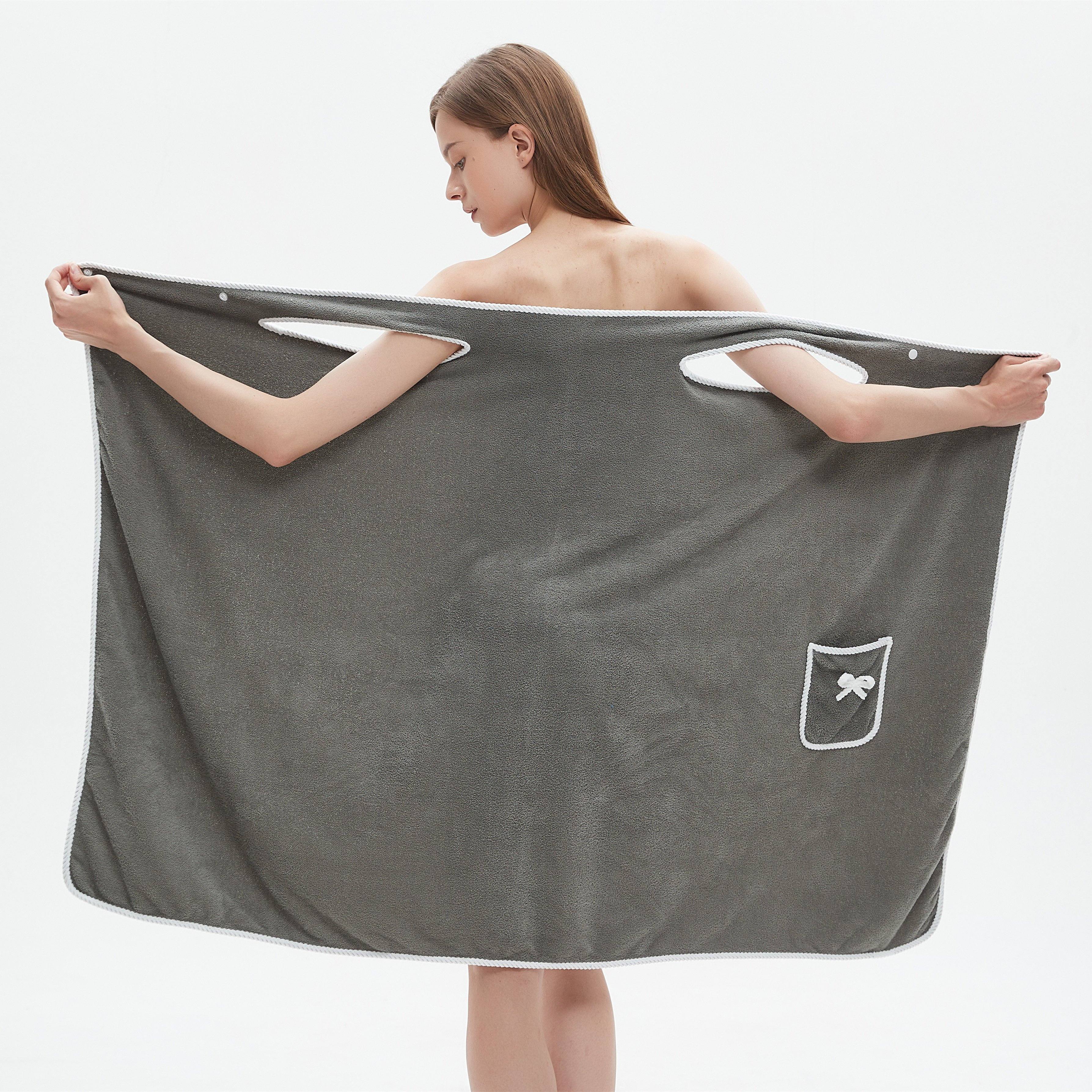 

1pc Ultra- Velvet Bath Towel Skirt With Bowknot Design - Quick Dry, Loss, Fits Most (5'2"-5'74", 132lbs-176lbs), Grey With White Pockets & Ties