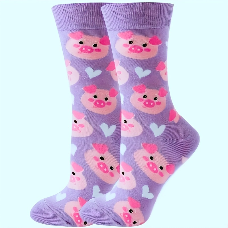 1 Pair Of Cartoon Cute Pig Print Socks, Comfortable Breathable Mid-tube Socks
