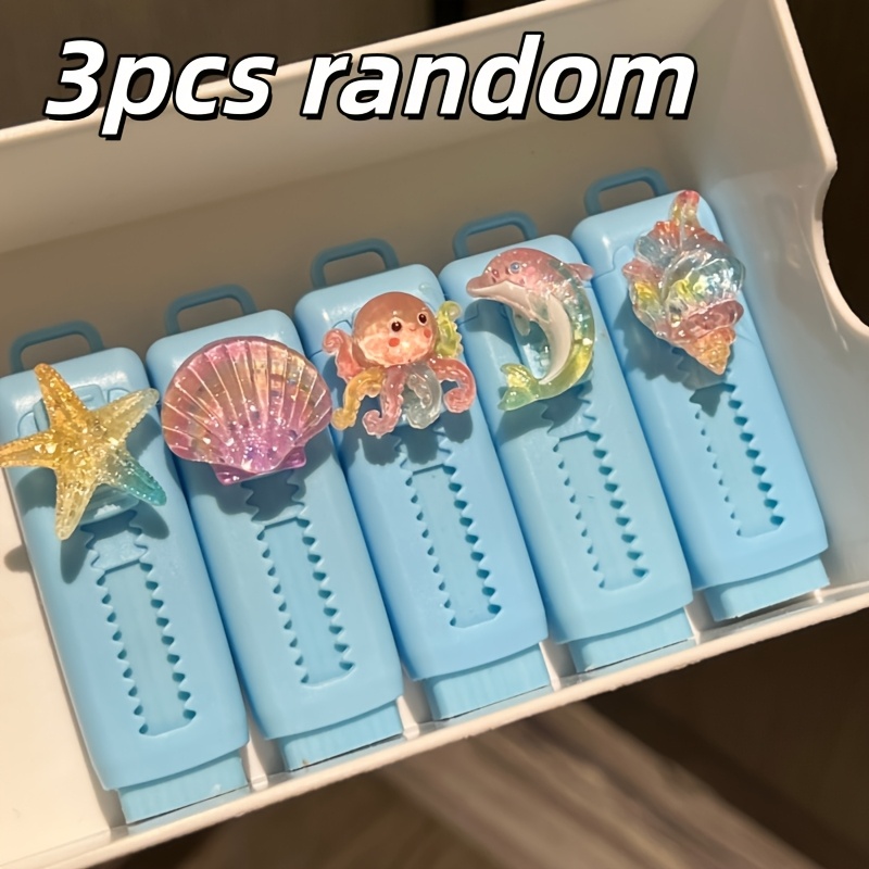 TEMU 3 stuks willekeurig geassorteerde iriserende intrekbare gummen met oceaanleven, lichtblauwe verfrissende zomerse meisjesstijl, glitterzeester,