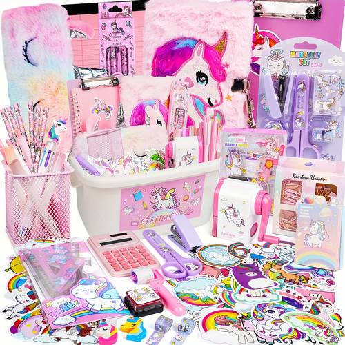 165 pcs unicorn stationery set supplies for teen girls diy journals kit plush notebook with lock art crafts birthday present ideal for kid ages 8 11 12 years old