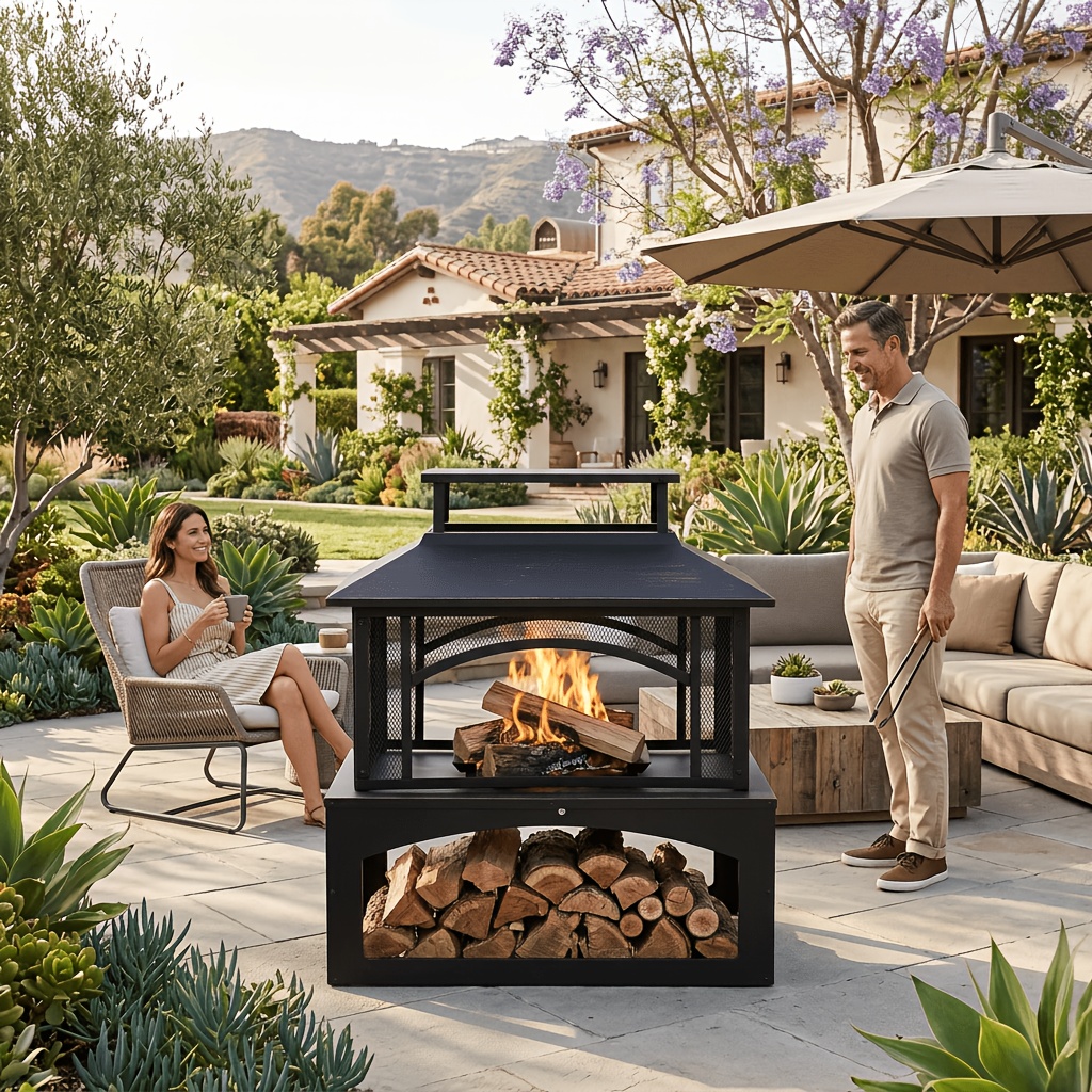 TEMU Nordivale Outdoor Fire Pit With Wood Storage, 32" Metal Fireplace For Backyard Patio, 360° Safety Mesh Screen, Large Steel Wood Burning Pit For