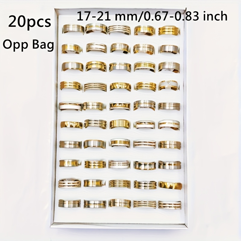 TEMU Anillos apilados de moda para mujer al por mayor, 20 piezas/paquete, anillo de acero inoxidable con rayas de color dorado, adecuado para hombres