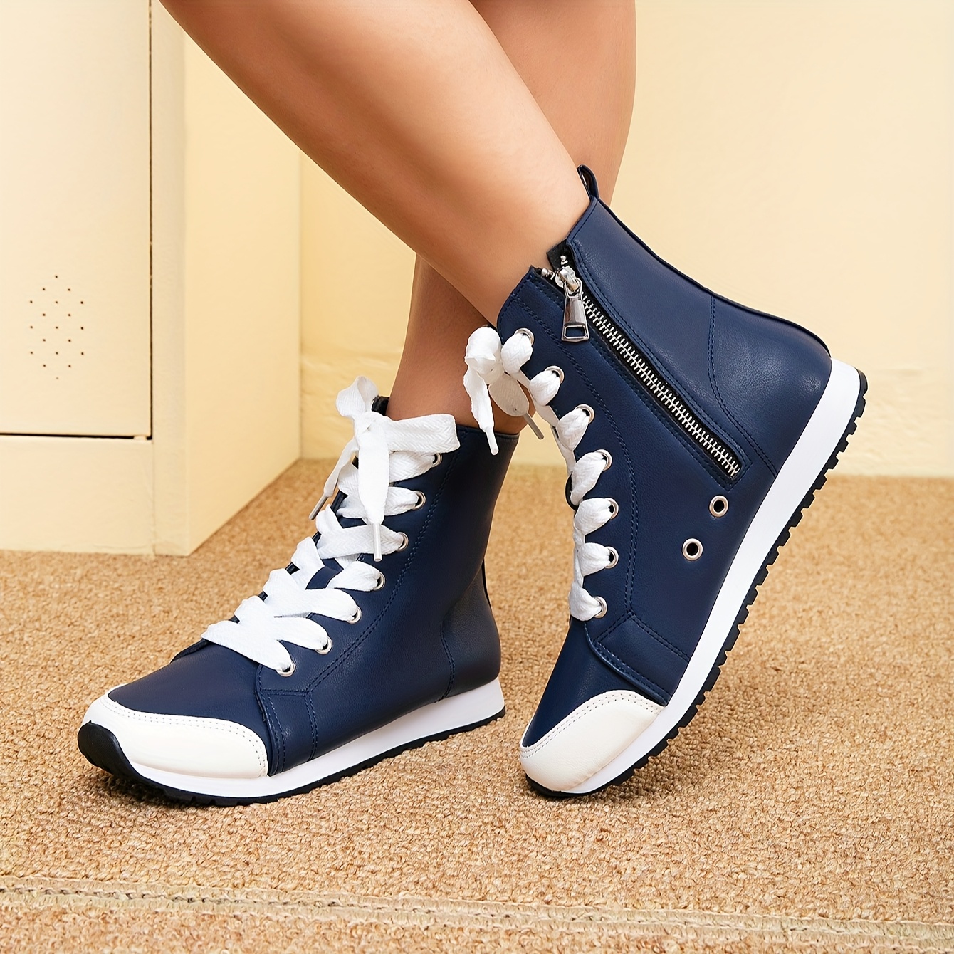 women's navy blue high top zipper sneakers breathable pu Temu Oman