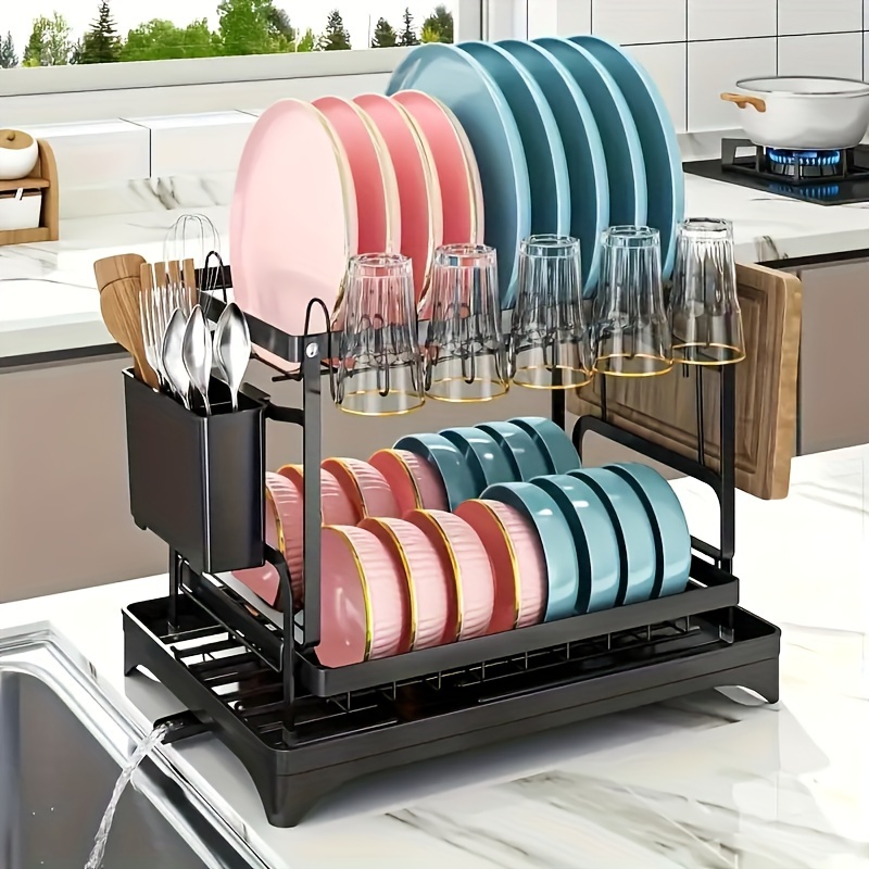 

Dish Rack, 2 Tier Utensil Holder, Rustproof Kitchen Dish Drying Rackwith And Utensil Holder For Kitchen Countertop, Kitchenaccessories