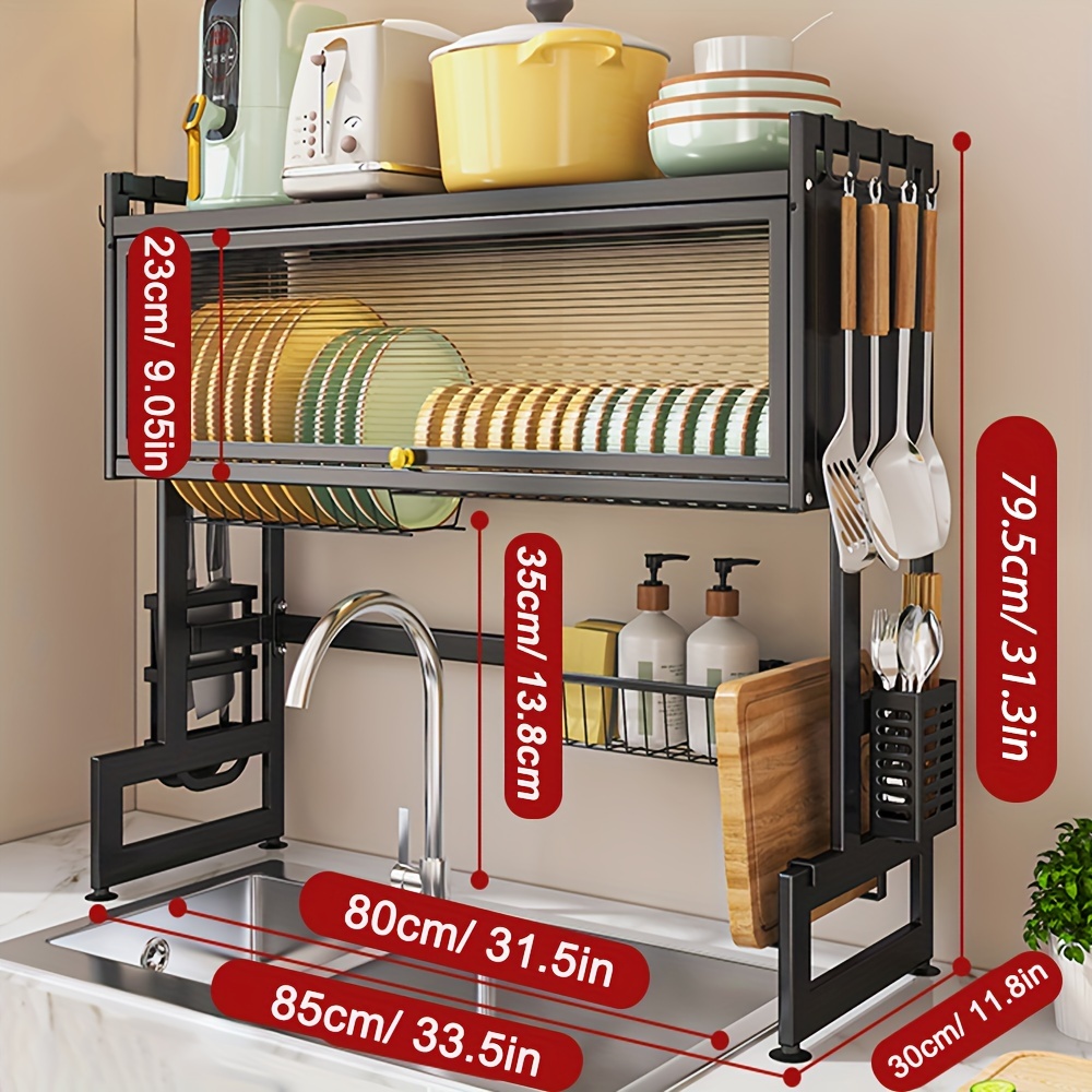 1pc escurridor de platos sobre el fregadero, estante de almacenamiento de metal de 3 niveles, organizador que para platos, vasos, tazones y cubiertos, y negro, en el piso, de estante de cocina multiusos, estantes de públicos detalles 2
