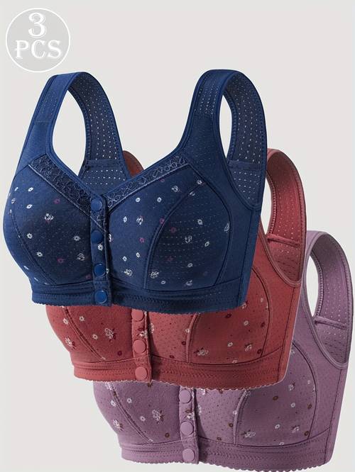 3pcs womens elegant floral print wireless bras front closure seamless non padded medium support floral patterns able stylish lace design for casual attire everyday floral pattern seamless desig