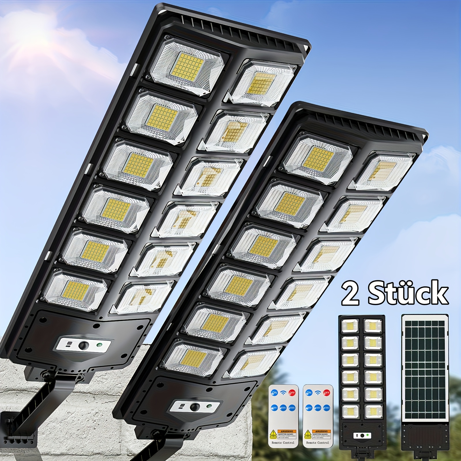 TEMU Lampione solare a 504 LED per esterni, IP65 con di , luce abbagliante con telecomando e 3 modalit�, 6500K freddo dal crepuscolo all', lampada