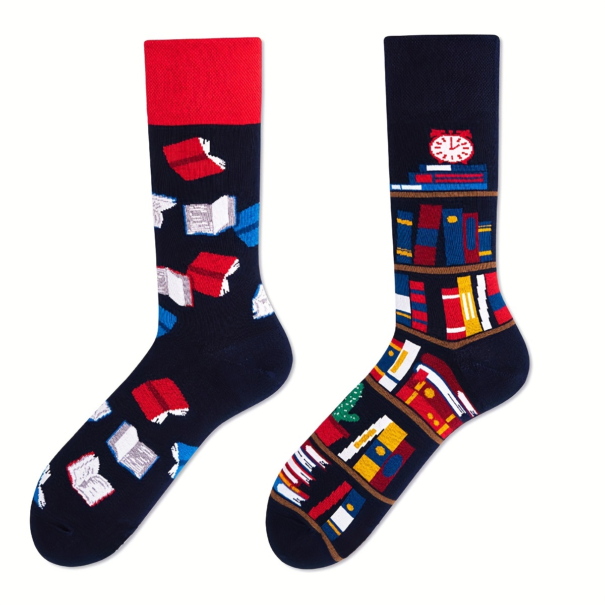 

Men's Socks With Cartoon Bookshelf Design - Breathable Cotton , Asymmetrical Ab Style, Hand Wash Only