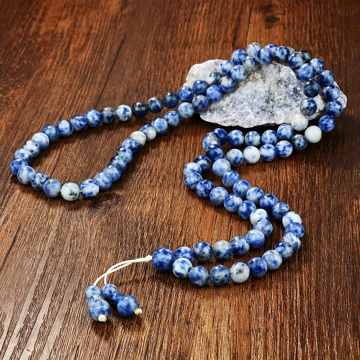 TEMU 99-blue Lace Agate Beaded Necklace, Bohemian Style Long Beaded Necklace, Handmade Beaded Necklace, Unisex, Thanksgiving/christmas Gift, Suitable