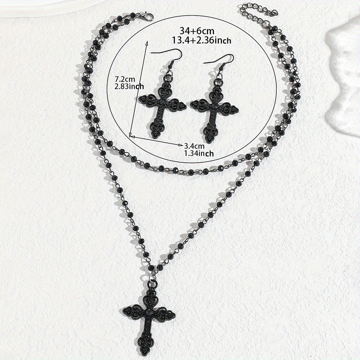 Women's Vintage Gothic Black Cross Pendant Multi-Layer Necklace and Earrings Set
