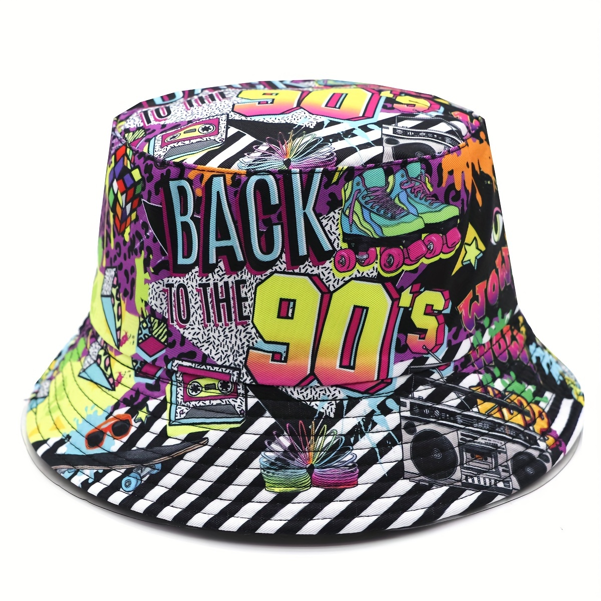 TEMU 90s Graffiti Print Retro Hip Hop Style Double-sided Bucket Hat For Men And Women