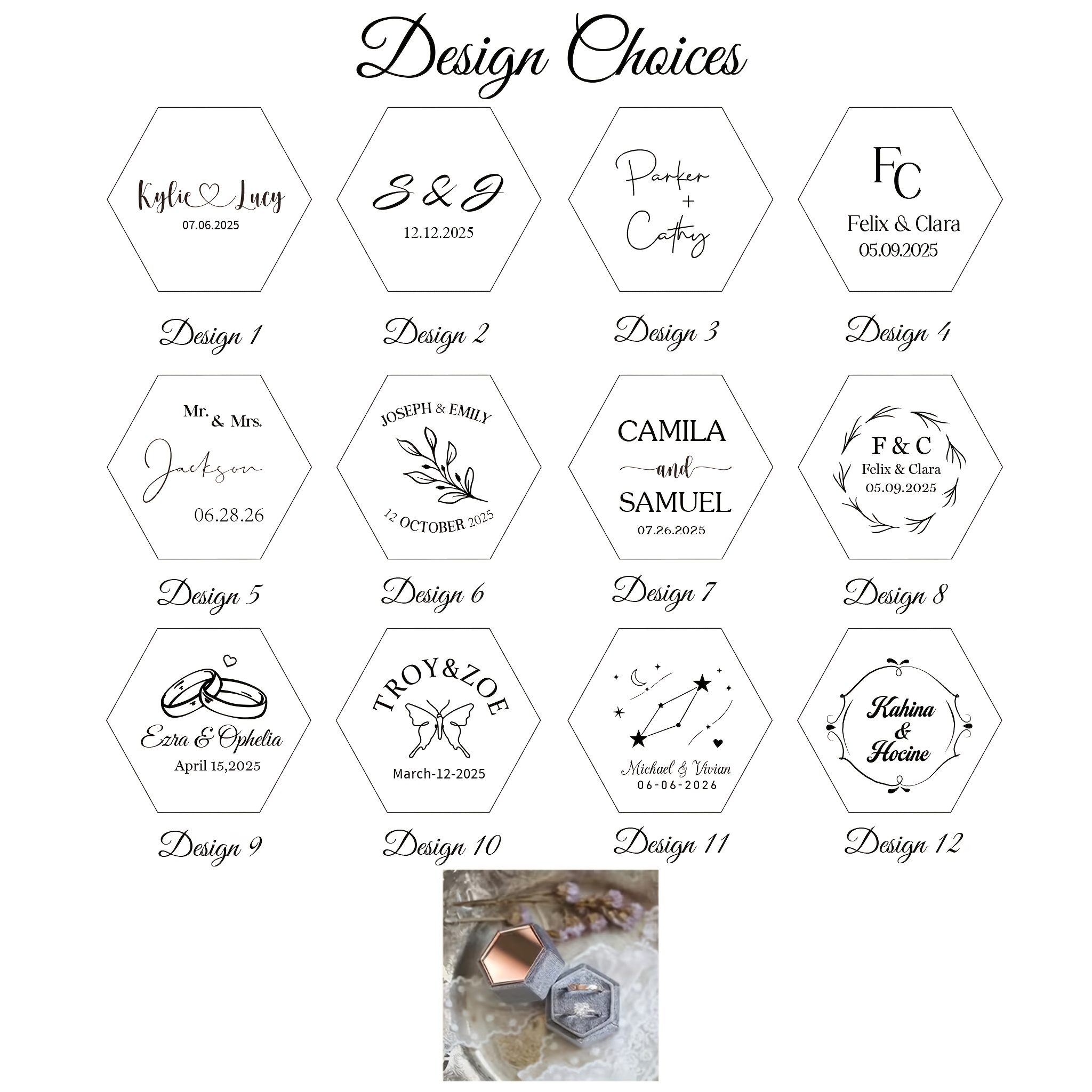 Personalized Hexagonal Velvet Ring Box, Custom Name and Date
