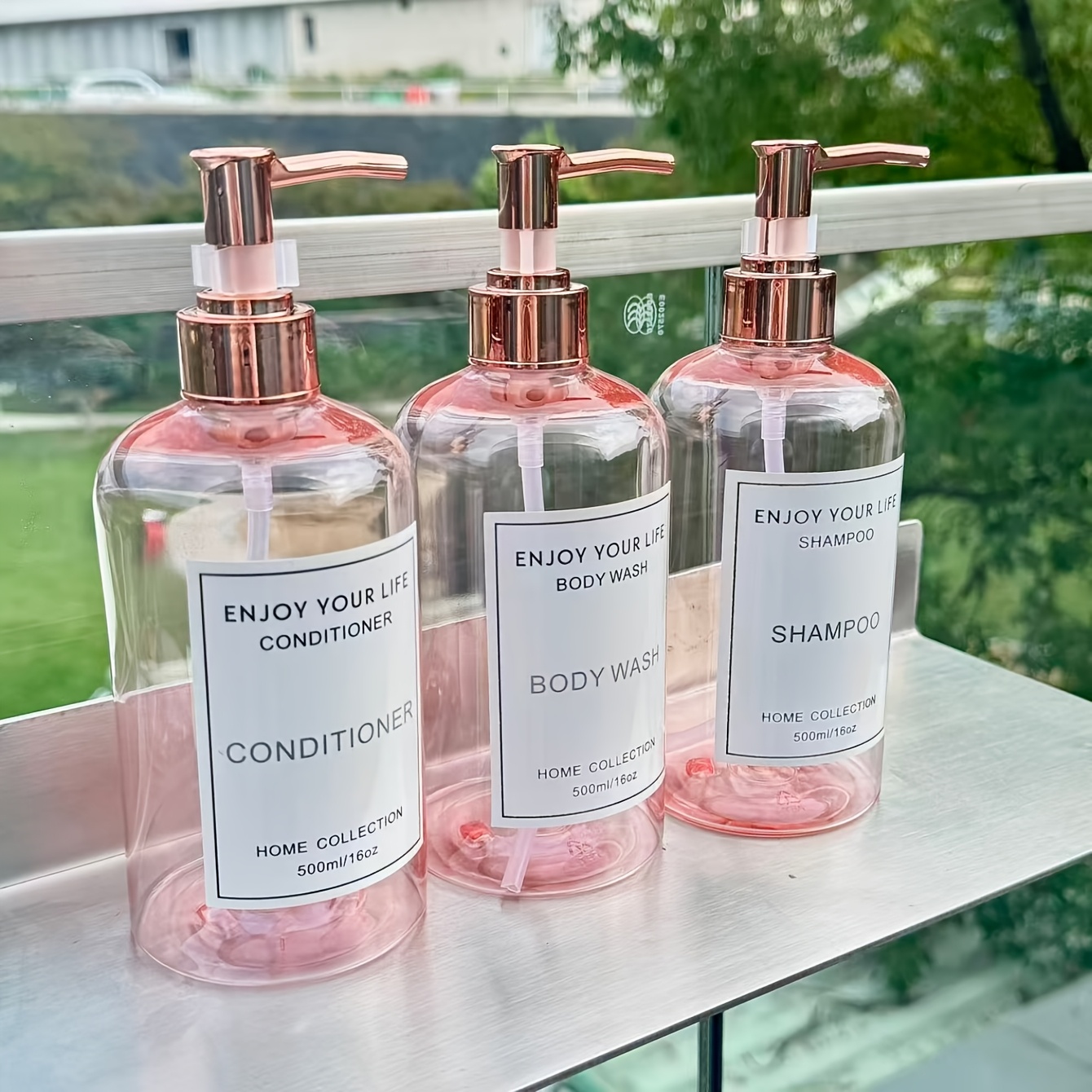 E-shop 3er-Set Transparente Rosa Rundschulter-Flaschen für Flüssigkeiten, 500ml/16oz Druckflaschen für Shampoo, Duschgel Conditioner, Großvolumige