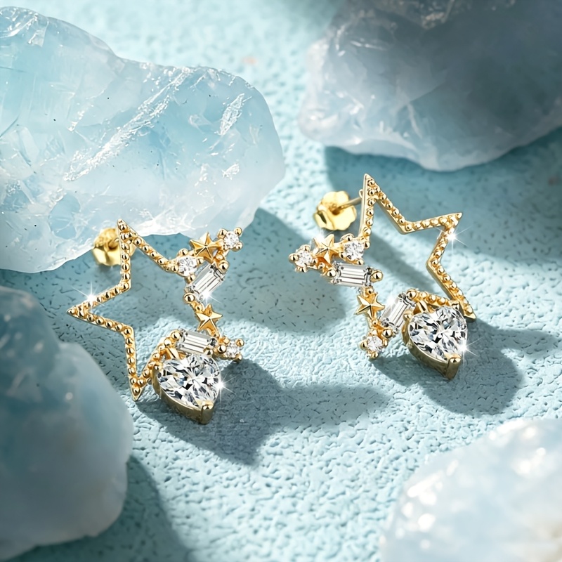 2pcs Ultra-Sparkling Star Zirconia Stud Earrings, Elegant Gift
