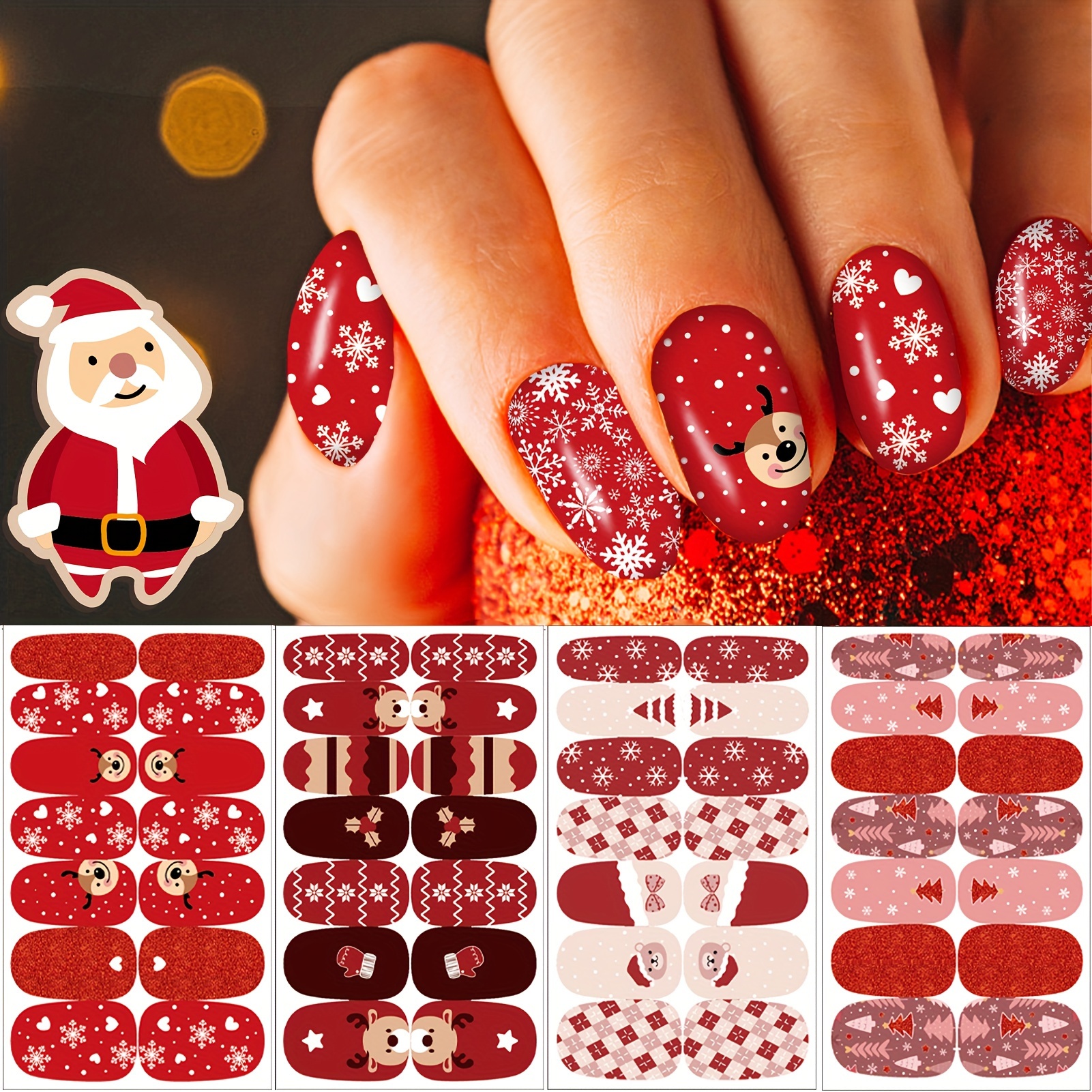 

4pcs Christmas Nail Stickers Nail Art Full Set Stickers Polish Strips, Diy Self-adhesive Nail Art Stickers Snowman Reindeer Elk Christmas Tree Patterns, With 1 Party Decoration Nail File 56pcs