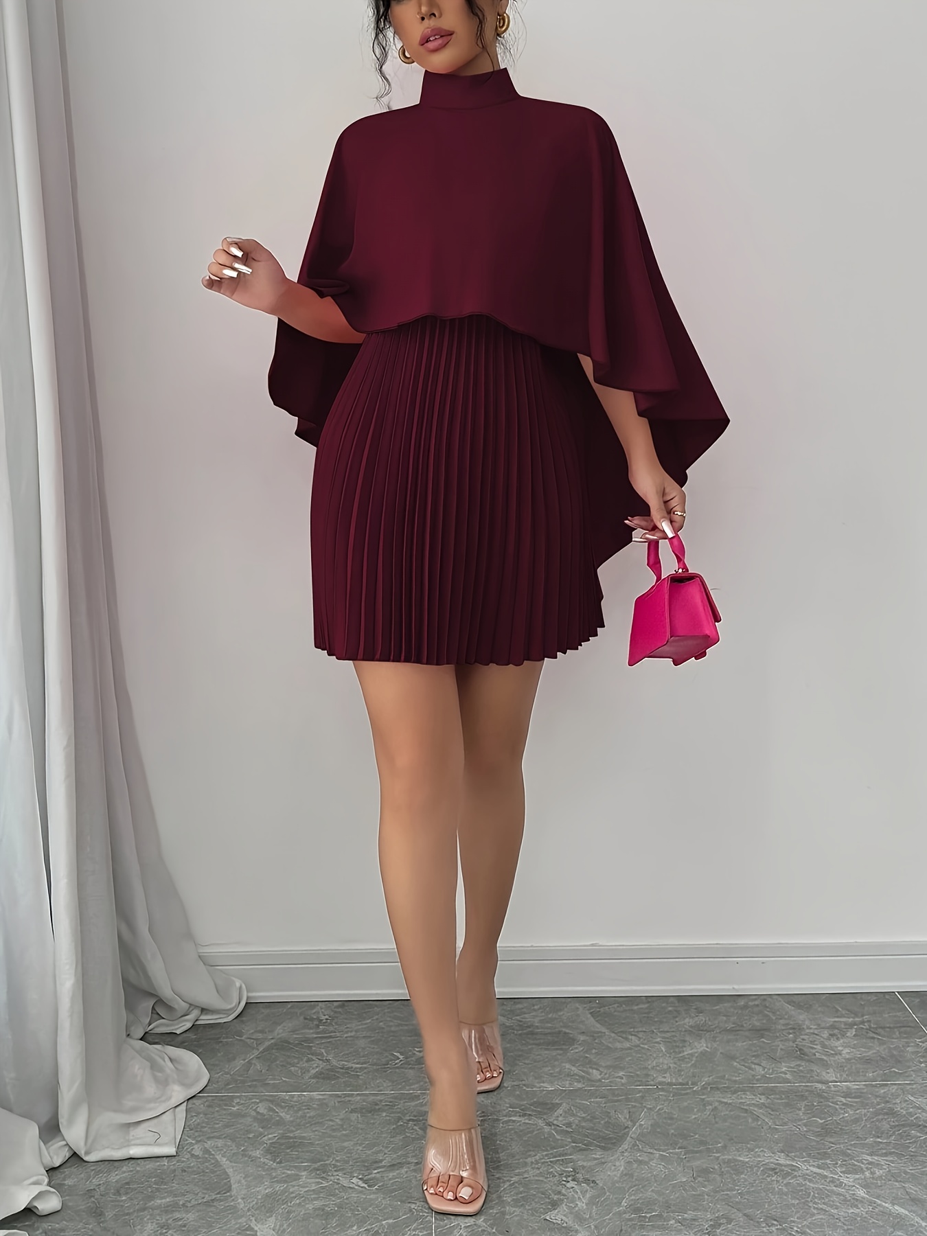 womens elegant high collar ruffle trim draped dress burgundy - Temu Oman