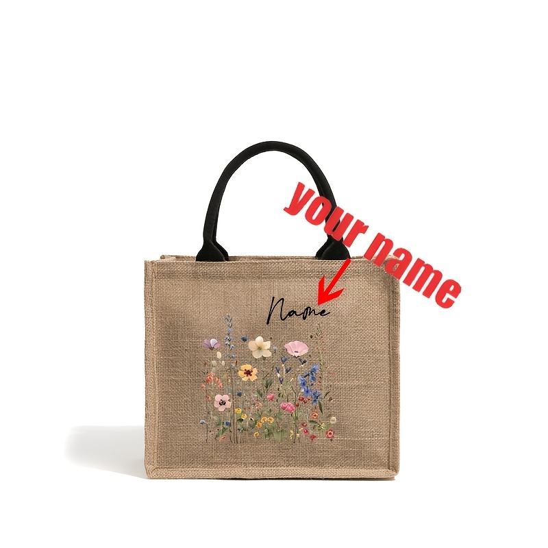 TEMU 1pc Custom Name Vintage Wildflowers Pattern Shopping Large Personalized Beach Bag Monogrammed Gift Tote Bag Women Personalized Floral Gift For