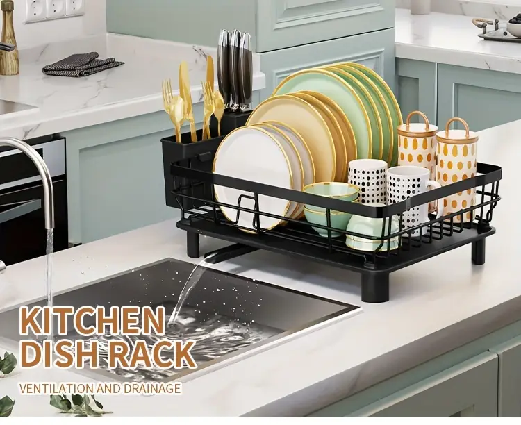 dish drying rack single layer dish drain rack large dish rack with dish drainer with utensil holder for sink convenient for storing plates bowls cups knives and spoons Product details 1