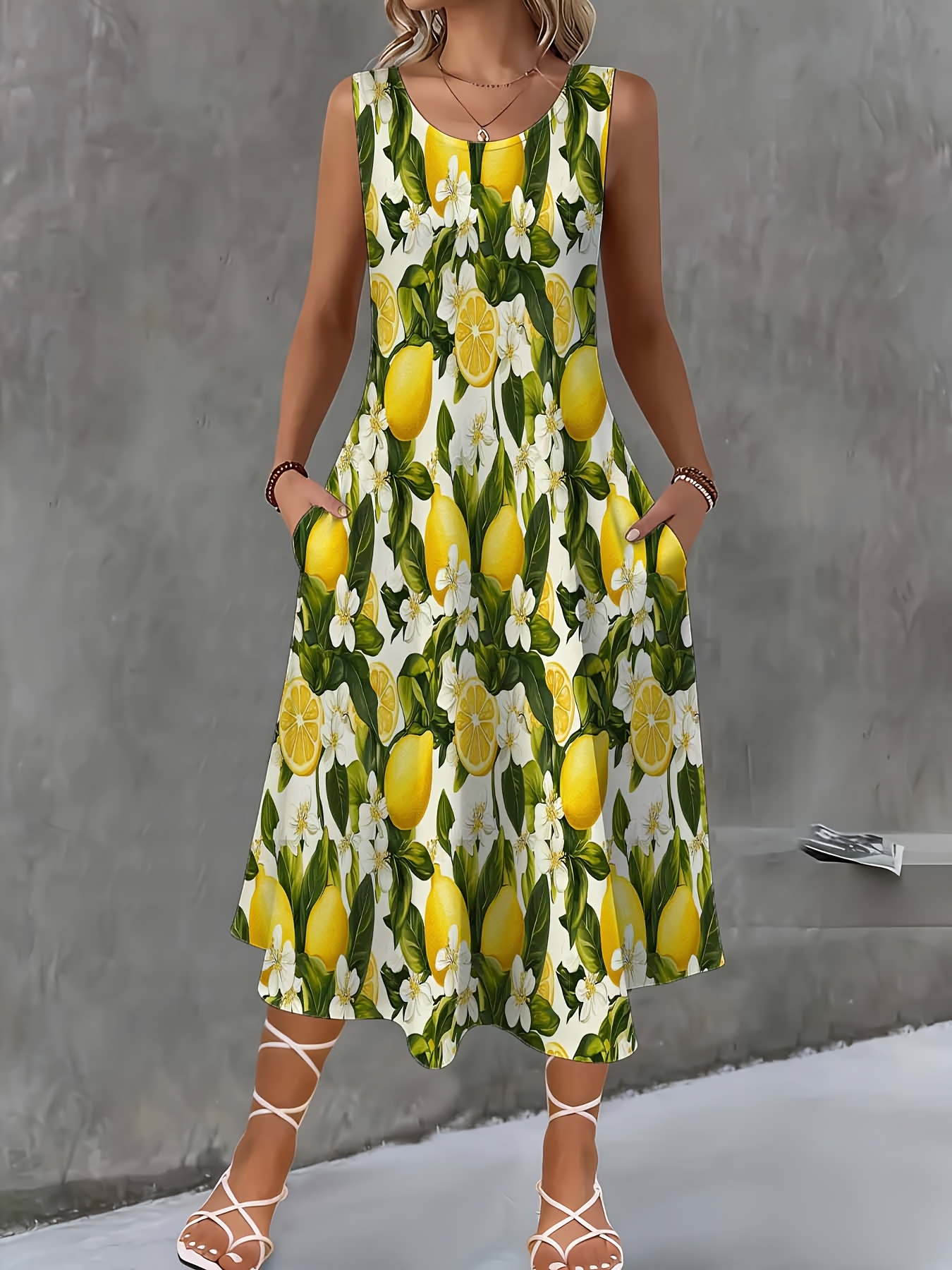 knee length dresses for ladies Short-Sleeve Lemon Print Midi Alix Dress main image 1