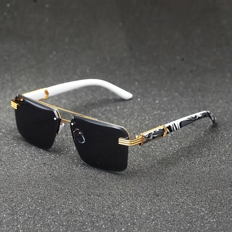 

1pc Men's Fashion Avant-garde Rimless Glasses Stylish Double Beam Frame Wood Grain Finish & Vintage Leopard